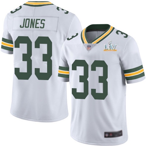 Men's Green Bay Packers #33 Aaron Jones White NFL 2021 Super Bowl LV Stitched Jersey Men's Green Bay Packers #33 Aaron Jones White NFL 2021 Super Bowl LV Stitched Jersey
